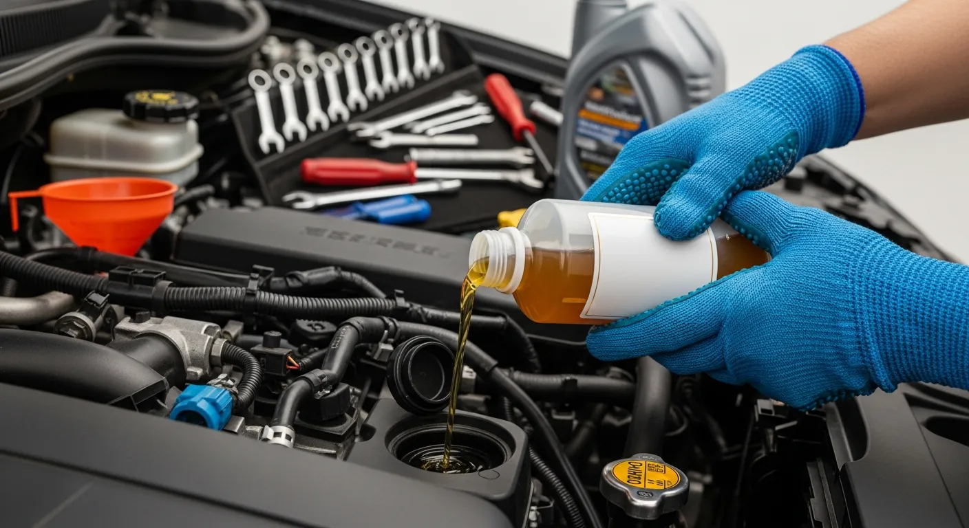 Hände in Arbeitshandschuhen gießen Motorspülung in einen Motor, Werkzeug im Hintergrund