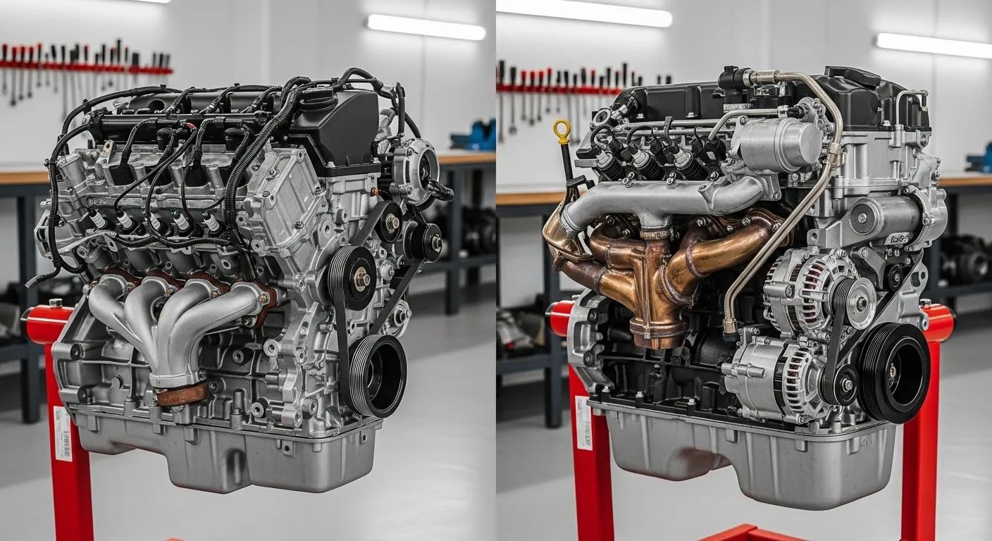 Gegenüberstellung eines Benzinmotors und eines Dieselmotors auf Motorständern in einer Werkstatt