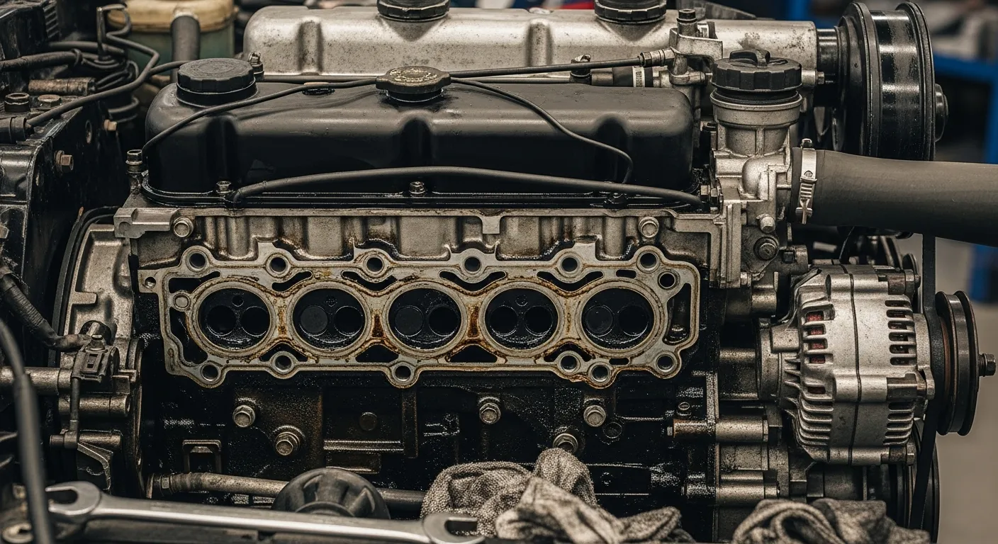 Alter Motor mit hoher Laufleistung, sichtbarer Verschleiß an Dichtungen und Oberflächen