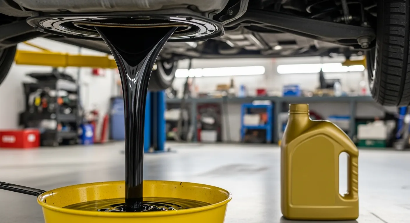 Dunkles Altöl fließt aus der Ölablassschraube in eine Auffangwanne