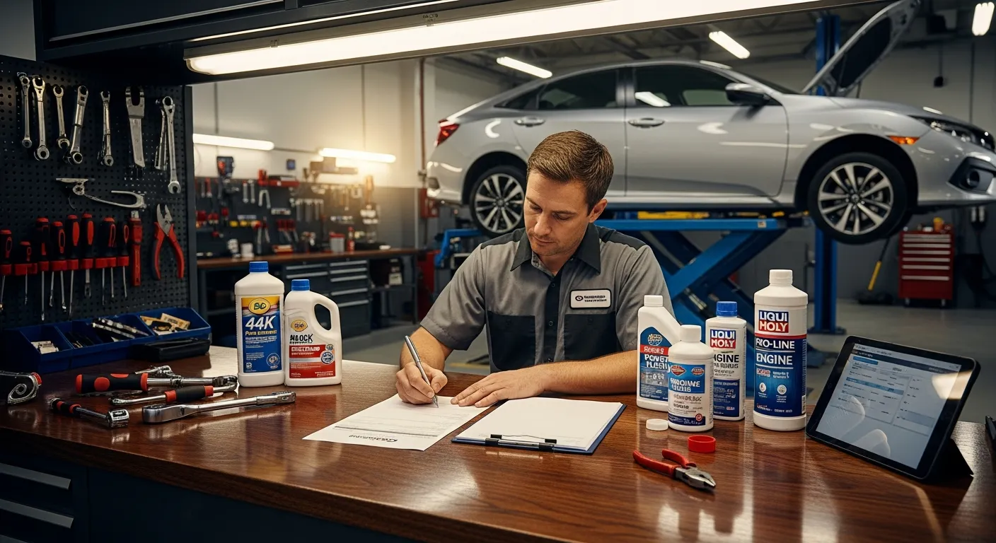 Professionelle Kfz-Werkstatt mit Mechaniker, Werkzeug und Fahrzeug auf der Hebebühne