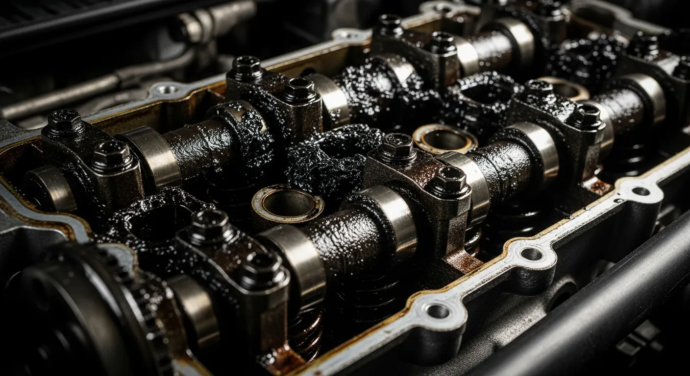 Geöffneter Ventildeckel zeigt dunkle Ölschlamm-Ablagerungen im Motorinneren