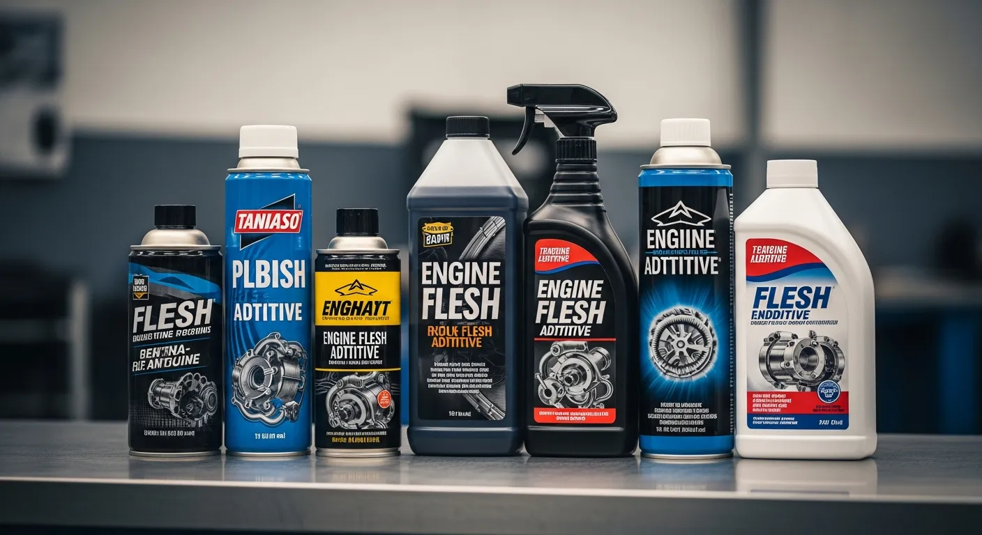 Verschiedene Motorspülmittel-Flaschen und -Dosen aufgereiht auf einer Werkbank