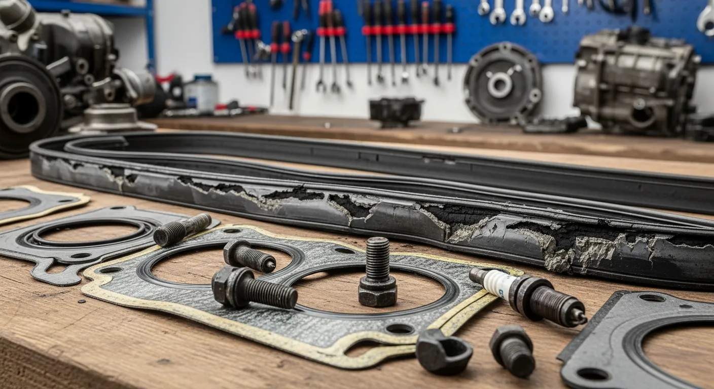 Beschädigte Motordichtungen und Wellendichtringe auf einer Werkbank