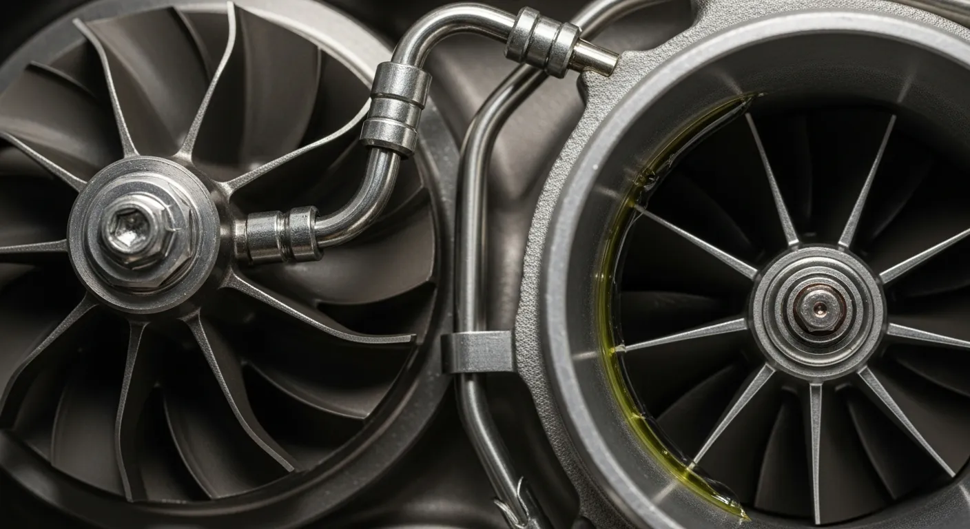 Nahaufnahme eines Turboladers mit sichtbarem Turbinenrad und Ölleitungen