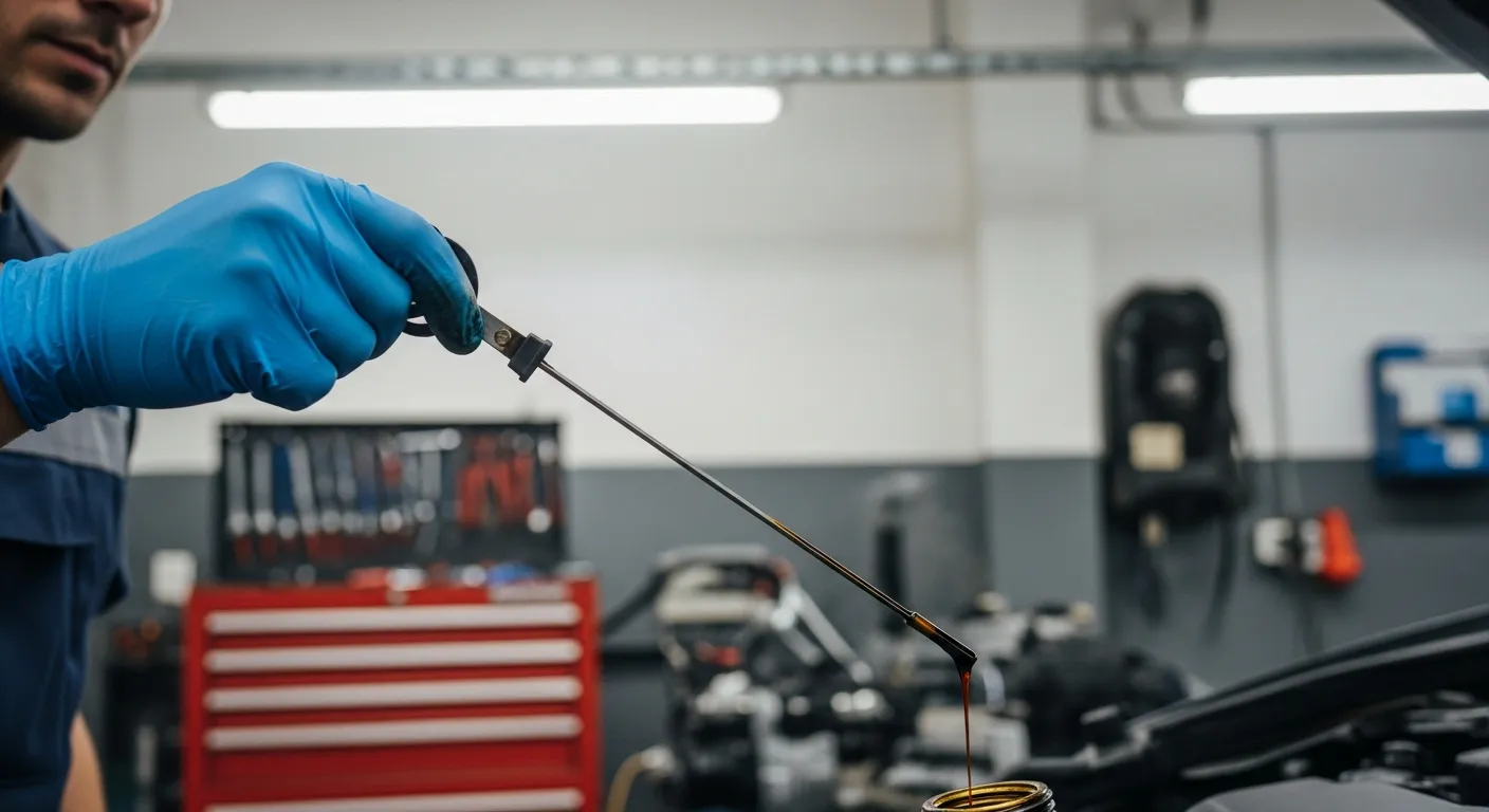 Mechaniker prüft die Ölqualität am Ölmessstab mit dunklem, verunreinigtem Öl