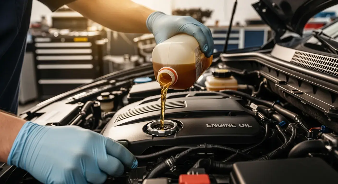 Mechaniker gießt Motorspülung in den Öleinfüllstutzen eines Automotors
