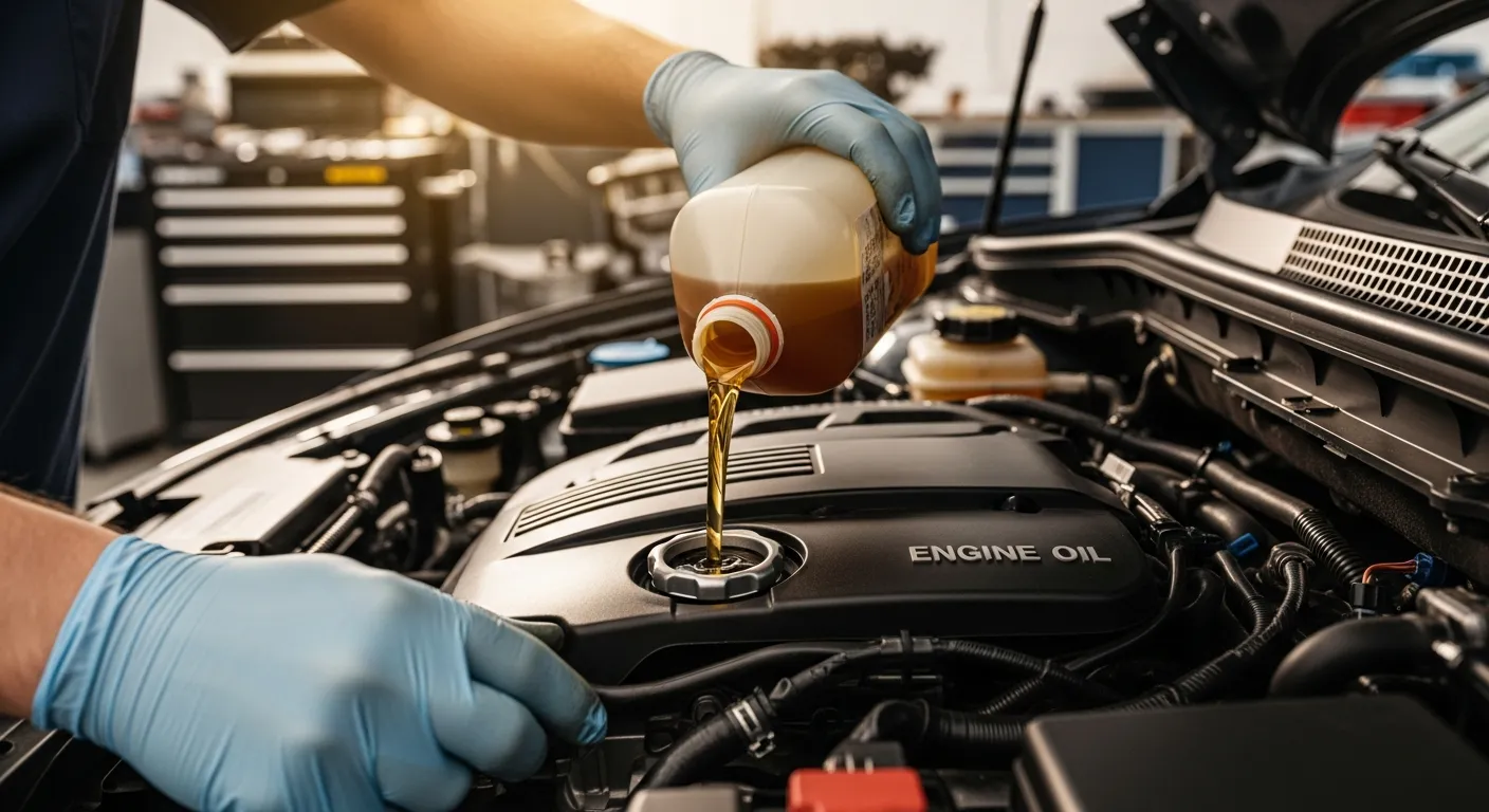 Mechaniker gießt Motorspülung in den Öleinfüllstutzen eines Automotors